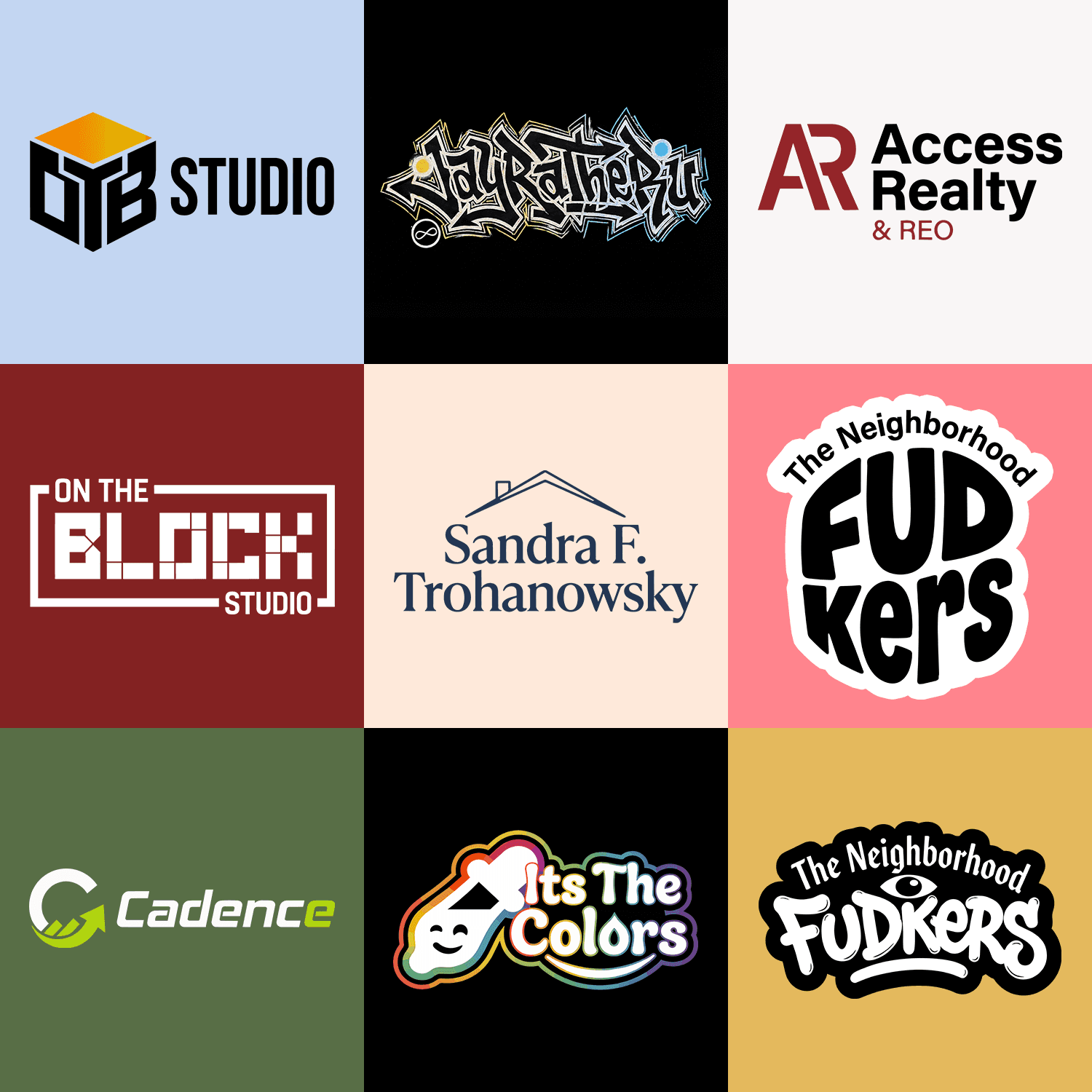 Mood-board overview of nine JayRa logo designs.